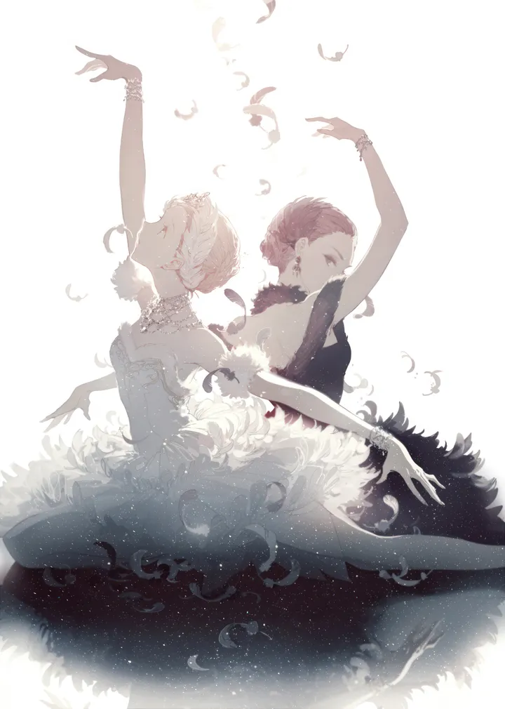 2girls,braid,arm_up,breasts,profile,single_hair_bun,twins,multiple_girls,siblings,bracelet,strapless,strapless_dress,jewelry,symmetry,white_background,tiara,vertical,red_hair,feathers,earrings,ballerina,ballet,tutu,ballet_slippers,dancing,small_breasts,dress,pantyhose,blonde_hair,bare_shoulders,black_dress