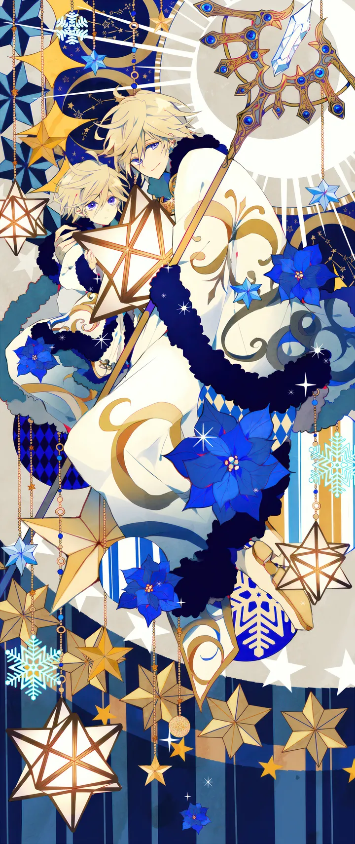 2boys,multiple_boys,holding,constellation,star_symbol,staff,fur_trim,male_focus,looking_at_viewer,short_hair,robe,vertical,smile,purple_eyes,blue_eyes,blue_flower,blonde_hair,snowflakes,flower