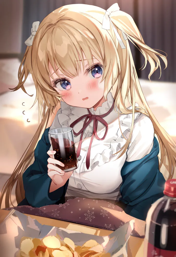 1girl,ribbon,medium_breasts,breasts,upper_body,ice,bangs,solo,cola,sitting,jacket,indoors,two_side_up,open_mouth,parted_lips,holding_cup,holding,depth_of_field,cup,table,blurry,blurry_background,flying_sweatdrops,soda,soda_bottle,chips_food,bottle,white_ribbon,white_bow,white_shirt,looking_at_viewer,vertical,red_ribbon,blush,frills,frilled_shirt,blue_jacket,blue_eyes,potato_chips,bow,hair_bow,shirt,kotatsu,blonde_hair,long_hair,long_sleeves,off_shoulder,neck_ribbon,food