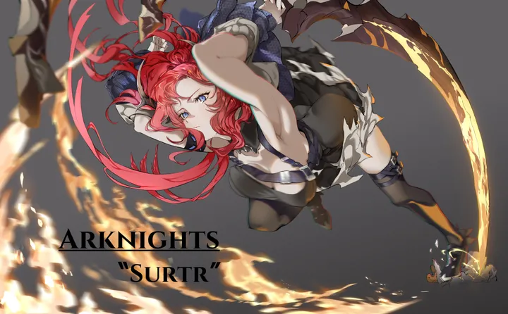 1girl,arms_up,breasts,cleavage,sword,solo,character_name,jacket,demon_girl,demon_horns,holding_sword,holding_weapon,holding,horizontal,weapon,fire,grey_background,looking_at_viewer,purple_eyes,red_hair,chest_strap,armpits,blue_eyes,horns,large_breasts,thighhighs,dress,long_hair,detached_collar,high_heels,black_thighhighs,black_dress,black_footwear