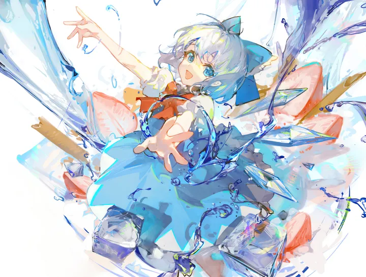 1girl,outstretched_arms,ice,ice_wings,bangs,solo,open_mouth,horizontal,water,fruit,white_background,white_shirt,looking_at_viewer,short_hair,short_sleeves,smile,red_bow,wings,strawberry,blue_hair,blue_eyes,blue_bow,blue_dress,puffy_short_sleeves,puffy_sleeves,bow,hair_bow,shirt,dress,food