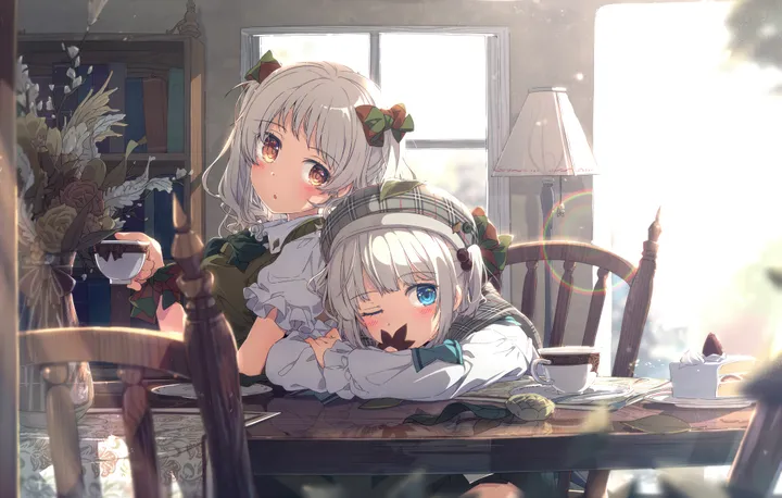 2girls,book,bangs,sitting,multiple_girls,hair_ornament,indoors,hat,holding_cup,holding,wooden_table,cup,plaid,plaid_bow,table,brown_eyes,chair,horizontal,orange_eyes,sailor_collar,lamp,grey_hair,rose,day,white_hair,white_shirt,plate,looking_at_viewer,short_hair,short_sleeves,window,green_bow,green_bowtie,blush,plaid_headwear,frills,teapot,teacup,saucer,blue_eyes,puffy_short_sleeves,puffy_sleeves,bow,shirt,dress,lens_flare,long_sleeves,one_eye_closed,sunlight,flower