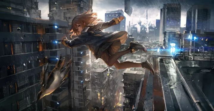 1girl,cloud,hood,solo,city,cityscape,sky,jacket,building,outdoors,skyscraper,brown_hair,brown_eyes,brown_pantyhose,horizontal,hood_down,pleated_skirt,skirt,midair,jumping,pantyhose,long_sleeves,shoes,scenery,bird,black_skirt,black_pantyhose,black_footwear