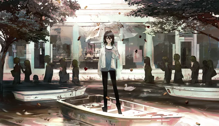 1girl,solo_focus,jacket,outdoors,holding,holding_umbrella,tree,horizontal,water,white_shirt,looking_at_viewer,short_hair,standing,shirt,pants,open_clothes,transparent,transparent_umbrella,long_sleeves,umbrella,scenery,black_hair,black_pants