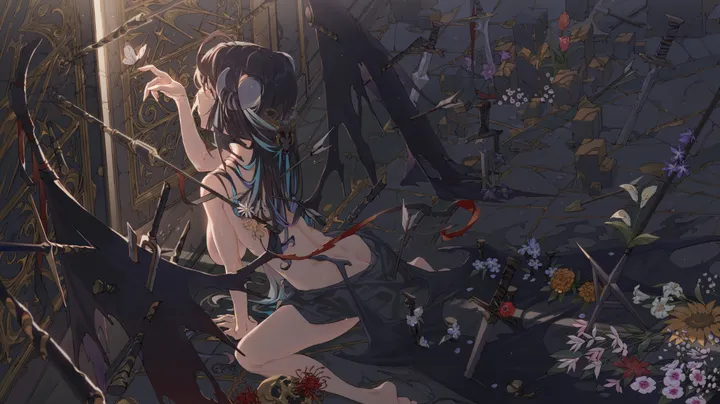 1girl,breasts,planted,sword,solo,sitting,demon_girl,demon_wings,demon_horns,planted_sword,horizontal,weapon,white_flower,red_flower,wings,bug,butterfly,blood,nude,barefoot,horns,large_breasts,long_hair,skull,flower,yellow_flower,black_hair,black_wings