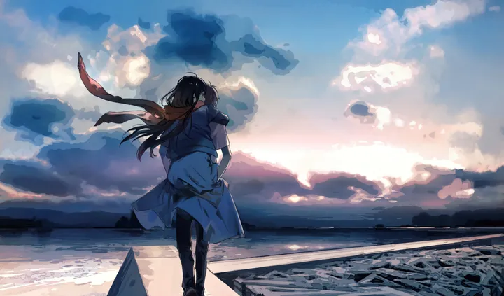 1girl,cloud,solo,scarf,horizon,cloudy_sky,sky,outdoors,horizontal,sand,ocean,beach,day,red_scarf,from_behind,long_hair,wind,black_hair