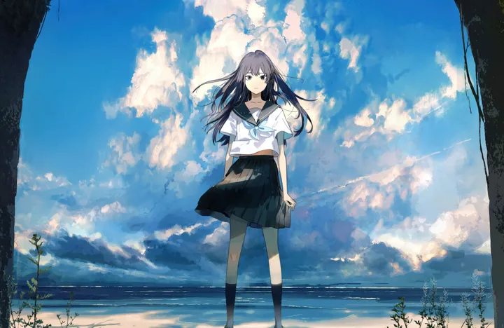 1girl,neckerchief,cloud,solo,kneehighs,horizon,sky,outdoors,tree,school_uniform,horizontal,serafuku,sailor_collar,ocean,beach,day,pleated_skirt,looking_at_viewer,short_sleeves,skirt,standing,blue_sky,socks,long_hair,black_hair,black_eyes,black_skirt,black_socks