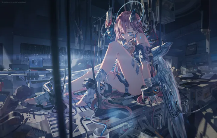 1girl,android,solo,sitting,halo,indoors,very_long_hair,monitor,horizontal,pink_hair,cable,bandages,feathered_wings,wings,blue_eyes,barefoot,cuffs,long_hair,bare_shoulders