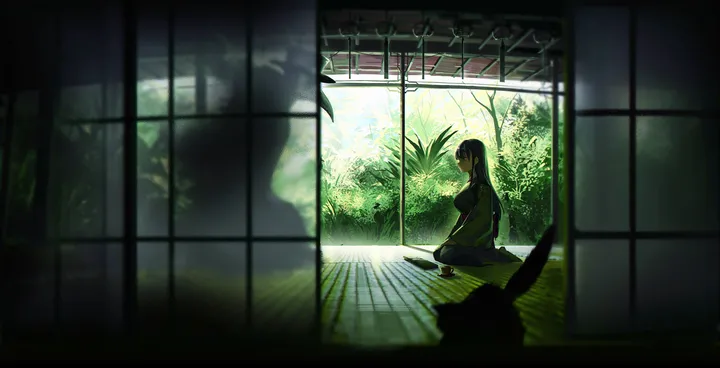 1girl,solo,sitting,nature,indoors,japanese_clothes,tree,forest,tatami,horizontal,seiza,sliding_doors,long_hair,long_sleeves,shouji,scenery,black_hair