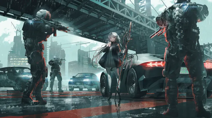 1girl,3boys,cloud,bangs,ground_vehicle,multiple_boys,sky,helmet,jacket,building,very_long_hair,outdoors,holding_weapon,holding_staff,holding_gun,holding,motor_vehicle,gun,staff,horizontal,rifle,weapon,car,grey_hair,science_fiction,assault_rifle,standing,red_eyes,pants,open_jacket,open_clothes,vehicle_focus,dress,pantyhose,long_hair,long_sleeves,boots,rain,shoes,black_jacket,black_dress,black_footwear