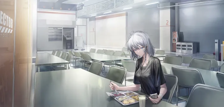 1girl,medium_hair,breasts,bangs,solo,closed_mouth,sitting,indoors,holding,table,chair,horizontal,grey_hair,jewelry,short_hair,short_sleeves,blue_eyes,shirt,necklace,food,black_shirt