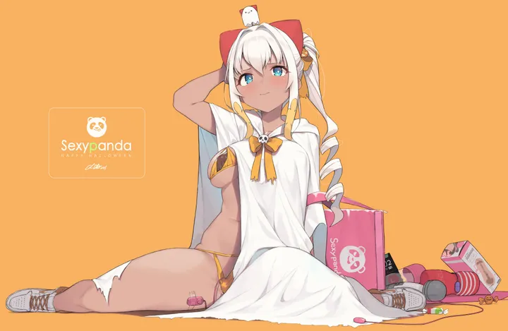 1girl,halloween,breasts,side_ponytail,full_body,solo,ahoge,sitting,hair_ornament,sex_toy,cape,vibrator,cloak,simple_background,horizontal,orange_background,bikini,swimsuit,dark_skin,white_hair,white_dress,white_footwear,looking_at_viewer,torn_clothes,navel,blush,blue_eyes,bow,hair_bow,drill_hair,long_hair,hitachi_magic_wand,shoes,dark-skinned_female