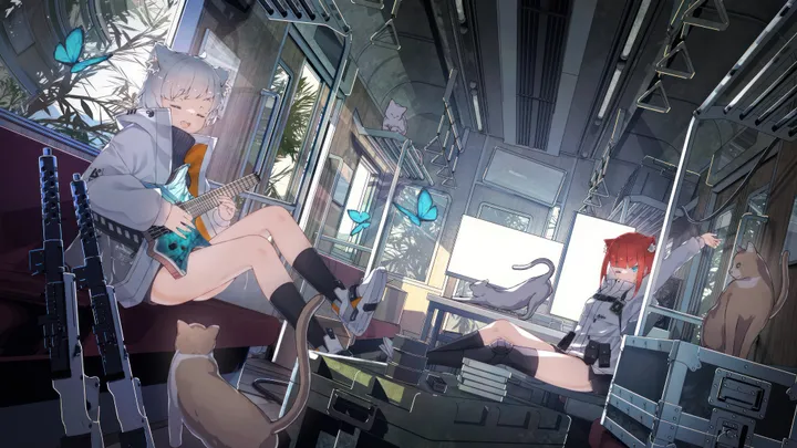 2girls,book,crossed_legs,stretching,animal_ears,bangs,animal,kneehighs,closed_eyes,sitting,multiple_girls,jacket,indoors,open_mouth,yawning,holding,holding_book,cup,gun,horizontal,rifle,weapon,grey_hair,grey_jacket,cat,cat_ears,white_hair,white_jacket,short_hair,skirt,shorts,assault_rifle,window,smile,red_hair,blue_eyes,blue_butterfly,bug,butterfly,shirt,socks,sneakers,long_sleeves,one_eye_closed,shoes