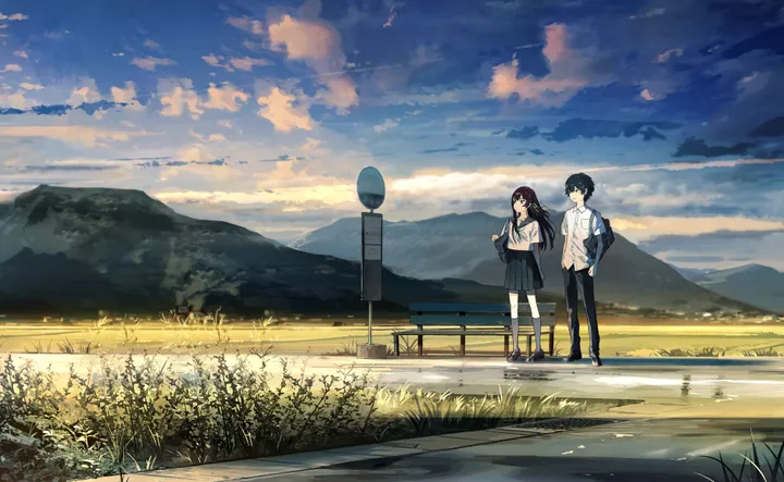 1girl,1boy,school_bag,cloud,sign,bag,kneehighs,hands_in_pockets,cloudy_sky,sky,hill,mountain,mountainous_horizon,outdoors,sunset,collared_shirt,school_uniform,brown_hair,brown_eyes,horizontal,serafuku,sailor_collar,white_shirt,pleated_skirt,short_hair,skirt,standing,smile,grass,shirt,socks,pants,road,road_sign,bench,long_hair,shoes,scenery,black_hair,black_skirt,black_pants