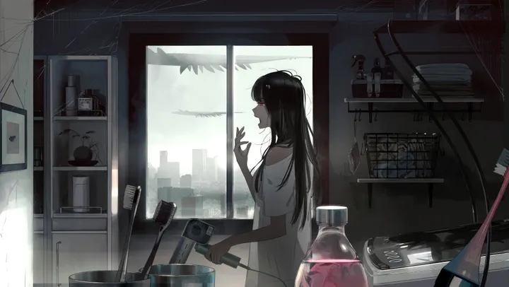 1girl,instrument,from_side,messy_hair,bangs,solo,guitar,indoors,open_mouth,yawning,holding,horizontal,bottle,white_shirt,window,standing,cable,silk,spider_web,shirt,long_hair,off_shoulder,scenery,black_hair