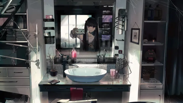 1girl,bangs,solo,reflection,closed_mouth,indoors,phone,holding,smartphone,cup,plant,horizontal,towel,sink,faucet,bathroom,toothbrush,bottle,white_shirt,potted_plant,looking_at_viewer,cellphone,window,pink_eyes,purple_eyes,soap_bottle,selfie,silk,spider_web,clothes_hanger,shirt,collarbone,mirror,long_hair,scenery,black_hair