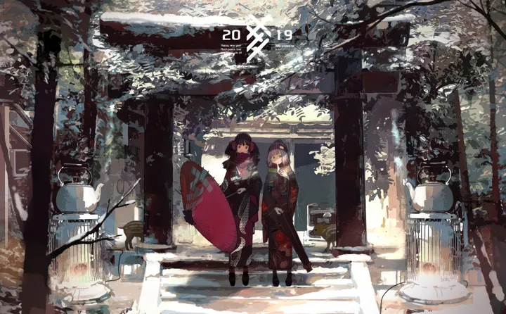 2girls,winter,stairs,kimono,obi,scarf,multiple_girls,wide_sleeves,outdoors,holding,holding_umbrella,new_year,happy_new_year,japanese_clothes,sash,tree,brown_hair,horizontal,oil-paper_umbrella,looking_at_viewer,short_hair,standing,floral_print,blonde_hair,boots,umbrella,snow,torii,black_hair