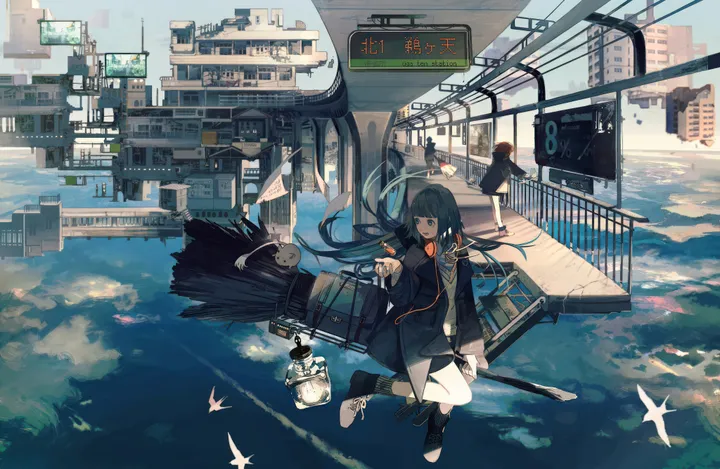 cloud,sign,bangs,bag,city,cityscape,multiple_girls,sky,jacket,witch_hat,building,outdoors,broom,holding,railing,school_uniform,brown_hair,horizontal,lantern,cat,day,short_hair,skirt,sneakers,long_hair,long_sleeves,shoes,scenery,flying,broom_riding,bird,black_hair,black_footwear