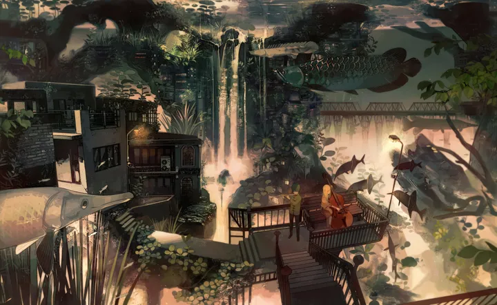 1girl,stairs,sitting,multiple_girls,fantasy,tree,plant,horizontal,water,waterfall,scenery,fish,whale