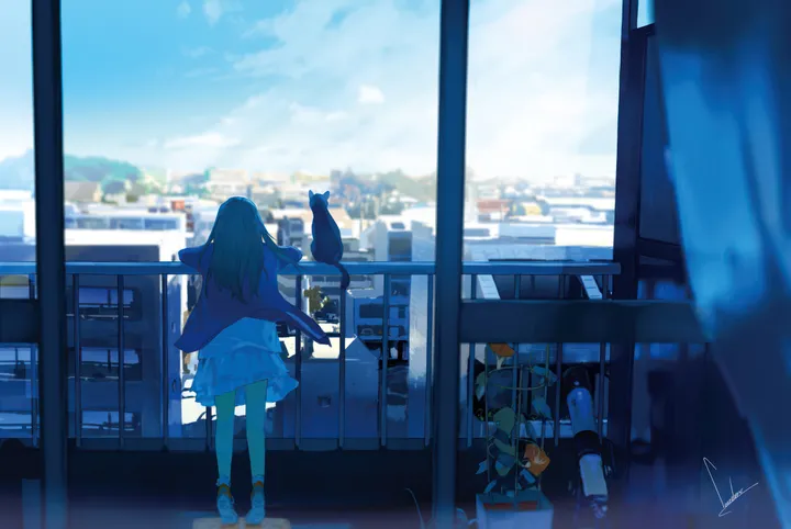 1girl,cloud,solo,city,cityscape,sky,jacket,wide_shot,building,outdoors,railing,plant,blurry,horizontal,cat,day,potted_plant,skirt,window,standing,signature,from_behind,blue_sky,socks,sneakers,dress,long_hair,balcony,facing_away,shoes,scenery,black_hair,black_cat