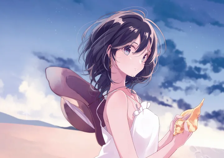 1girl,cloud,upper_body,from_side,bangs,solo,closed_mouth,night,sky,sundress,hat,hair_between_eyes,outdoors,holding,headwear_removed,hat_removed,sleeveless,sleeveless_dress,star_sky,brown_headwear,horizontal,sand,starfish,beach,seashell,jewelry,white_dress,looking_to_the_side,looking_at_viewer,short_hair,earrings,blue_sky,blue_eyes,bare_arms,shell,dress,bare_shoulders,black_hair