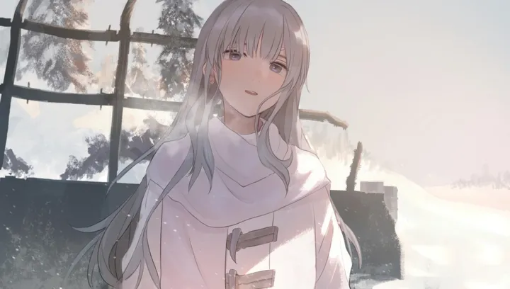 1girl,upper_body,winter,winter_clothes,bangs,solo,scarf,coat,open_mouth,tree,horizontal,grey_hair,looking_at_viewer,window,smile,purple_eyes,long_hair,snow