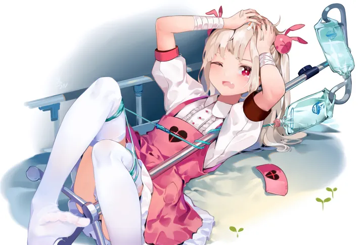 1girl,virtual_youtuber,arms_up,on_back,rabbit_hair_ornament,bangs,solo,intravenous_drip,apron,on_bed,hair_ornament,safety_pin,two_side_up,bed,open_mouth,heart,nurse_cap,nail_polish,bound,collared_shirt,horizontal,no_shoes,light_brown_hair,hospital_bed,white_skirt,white_shirt,white_thighhighs,looking_at_viewer,short_sleeves,skirt,pink_apron,pink_headwear,red_eyes,bandages,bandaged_arm,center_frills,feet,blush,frills,puffy_short_sleeves,puffy_sleeves,fang,shirt,armband,lying,thighhighs,dress,long_hair,one_eye_closed