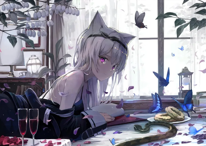 1girl,book,breasts,from_side,animal_ears,bangs,animal,solo,hairband,closed_mouth,hair_ribbon,indoors,cup,horizontal,cat_ears,white_hair,looking_to_the_side,looking_at_viewer,window,curtains,purple_eyes,wine_glass,open_book,petals,blue_butterfly,bug,butterfly,on_stomach,lying,dress,drinking_glass,long_hair,long_sleeves,bare_shoulders,off_shoulder,food,flower,black_dress