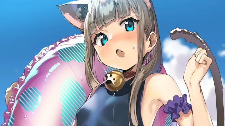 1girl,one-piece_swimsuit,breasts,cloud,upper_body,animal_ears,bangs,solo,twintails,sky,tail,open_mouth,outdoors,arm_garter,holding,holding_innertube,horizontal,sweat,innertube,swimsuit,grey_hair,cat_girl,cat_tail,cat_ears,jingle_bell,day,blunt_bangs,looking_at_viewer,animal_ear_fluff,blush,blue_sky,blue_eyes,blue_one-piece_swimsuit,fang,skin_fang,small_breasts,bell,neck_bell,long_hair,bare_shoulders,collar