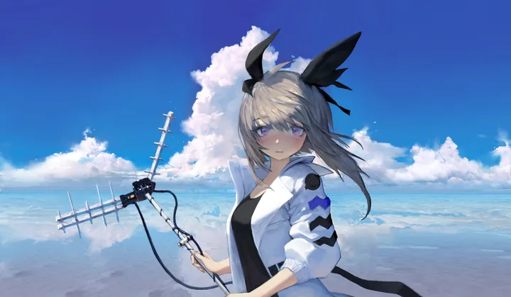 1girl,ribbon,breasts,cloud,upper_body,bangs,solo,horizon,cloudy_sky,sky,hair_ribbon,jacket,parted_lips,outdoors,holding,horizontal,water,ocean,beach,grey_hair,day,white_jacket,looking_at_viewer,smile,purple_eyes,blush,blue_sky,shirt,open_jacket,open_clothes,collarbone,long_hair,long_sleeves,black_ribbon,black_shirt