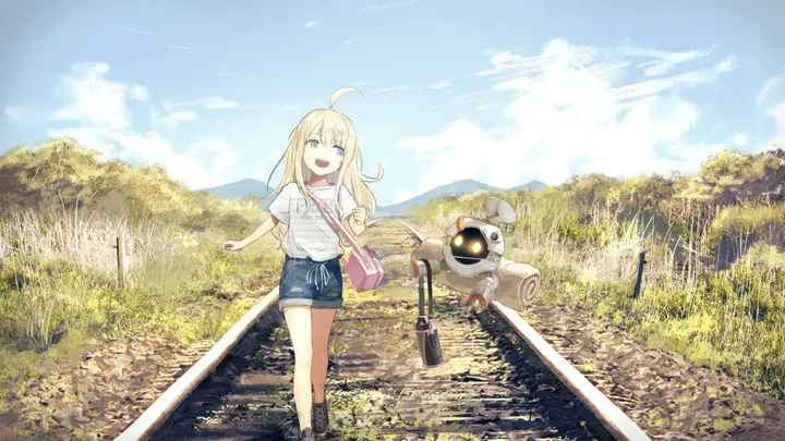 1girl,cloud,bag,solo,shoulder_bag,ahoge,sky,open_mouth,outdoors,robot,horizontal,denim,denim_shorts,day,white_shirt,looking_at_viewer,short_sleeves,shorts,standing,smile,blue_sky,blue_eyes,blue_shorts,shirt,blonde_hair,railroad_tracks,long_hair,scenery,bird