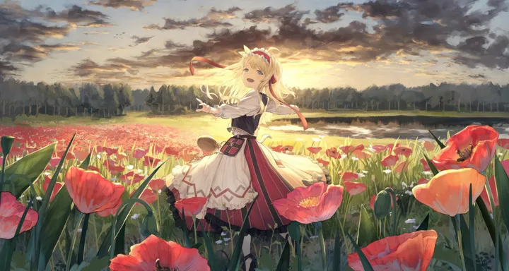 1girl,ribbon,cloud,outstretched_arms,bangs,solo,hairband,looking_back,apron,cloudy_sky,nature,sky,waist_apron,open_mouth,outdoors,sunset,corset,tree,horizontal,field,white_shirt,looking_at_viewer,skirt,standing,smile,red_ribbon,red_hairband,red_flower,vest,flower_field,frills,blue_eyes,shirt,dress,tulip,blonde_hair,long_hair,long_sleeves,scenery,floating_hair,flower