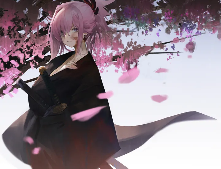 1girl,breasts,sheathed,bangs,sword,sheath,solo,injury,kimono,hair_ornament,wide_sleeves,japanese_clothes,katana,horizontal,cherry_blossoms,weapon,looking_at_viewer,pink_hair,earrings,blood_on_face,petals,blue_eyes,blood,long_sleeves,ponytail,black_kimono