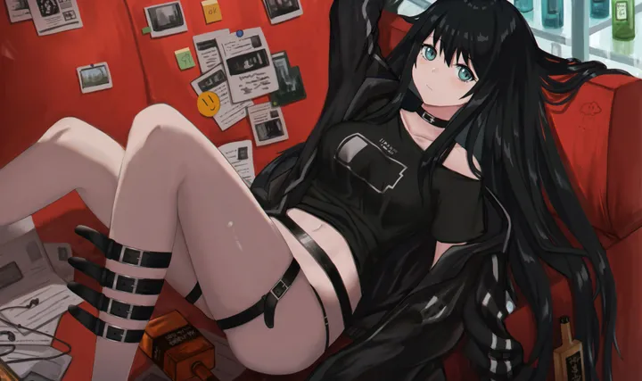 1girl,t-shirt,medium_breasts,arm_up,breasts,on_back,underwear,panties,bangs,solo,feet_out_of_frame,closed_mouth,on_couch,thighs,thigh_strap,jacket,very_long_hair,expressionless,horizontal,couch,no_pants,bottle,belt,looking_at_viewer,short_sleeves,navel,blue_eyes,shirt,open_jacket,open_clothes,lying,collarbone,long_hair,long_sleeves,midriff,off_shoulder,crop_top,choker,black_panties,black_hair,black_jacket,black_shirt,black_choker