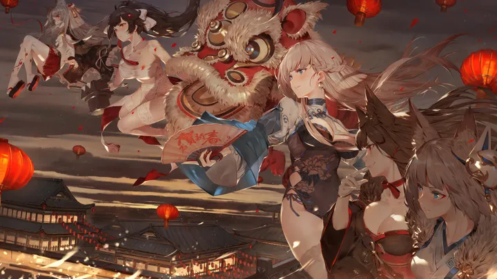 5girls,braid,detached_sleeves,east_asian_architecture,ribbon,chinese_clothes,medium_breasts,breasts,cleavage,side-tie_panties,animal_ears,underwear,panties,bangs,kimono,sitting,side_braid,multiple_girls,night,hair_ornament,official_alternate_costume,wide_sleeves,architecture,very_long_hair,parted_lips,mask_on_head,hand_fan,gloves,folding_fan,holding_fan,holding,paper_lantern,china_dress,japanese_clothes,brown_hair,brown_eyes,horizontal,lantern,grey_hair,fox_mask,fox_ears,jewelry,white_kimono,white_hair,white_gloves,white_bow,white_dress,short_hair,skirt,smile,red_eyes,red_skirt,earrings,animal_ear_fluff,blush,blue_eyes,blue_dress,bow,hair_bow,large_breasts,thighhighs,dress,long_hair,long_sleeves,mask,collar,ponytail,black_hair,black_gloves