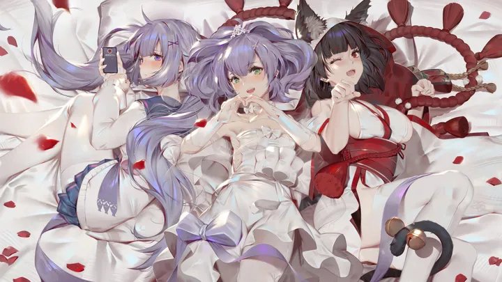 3girls,x_hair_ornament,breasts,cleavage,on_back,on_side,animal_ears,bangs,heart_hands,twintails,ahoge,kimono,multiple_girls,hair_ornament,wedding_dress,tail,tail_ornament,tail_bell,cardigan,open_mouth,very_long_hair,heart,phone,holding_phone,holding,strapless,japanese_clothes,smartphone,pillow,school_uniform,horizontal,serafuku,sailor_collar,no_shoes,paw_pose,cat_tail,cat_ears,jingle_bell,white_kimono,white_dress,pleated_skirt,looking_at_viewer,short_hair,skirt,cellphone,smile,purple_hair,purple_eyes,red_eyes,green_eyes,animal_ear_fluff,blush,petals,blue_skirt,fang,lying,large_breasts,thighhighs,dress,pantyhose,bell,long_hair,long_sleeves,one_eye_closed,bare_shoulders,black_hair