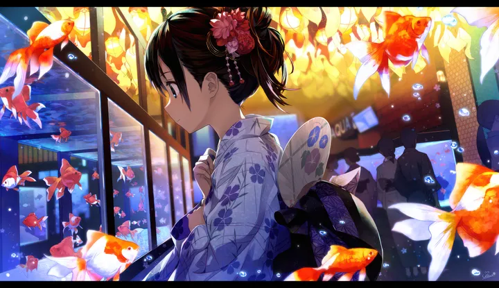 1girl,from_side,profile,solo_focus,single_hair_bun,kimono,obi,uchiwa,hair_flower,hair_ornament,hand_fan,japanese_clothes,sash,brown_hair,horizontal,bubble,yukata,letterboxed,paper_fan,floral_print,goldfish,fish,flower,black_hair