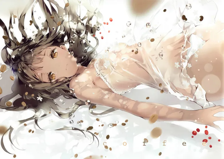 1girl,breasts,on_back,see-through,solo,closed_mouth,brown_hair,brown_eyes,horizontal,air_bubble,underwater,bubble,looking_at_viewer,navel,lying,small_breasts,dress,long_hair,bare_shoulders