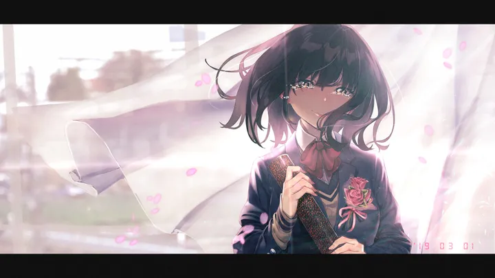 1girl,medium_hair,upper_body,bangs,solo,crying,jacket,indoors,holding,collared_shirt,school_uniform,brown_eyes,horizontal,sweater,rose,letterboxed,white_shirt,looking_at_viewer,tears,crying_with_eyes_open,window,curtains,tube,pink_flower,red_bow,red_bowtie,blush,petals,blue_jacket,bow,shirt,blazer,long_sleeves,bowtie,wind,flower,yellow_eyes,black_hair