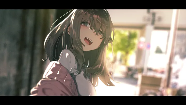 1girl,medium_hair,breasts,upper_body,upper_teeth_only,bangs,solo,hair_between_eyes,cardigan,open_mouth,outdoors,depth_of_field,brown_hair,brown_eyes,blurry,blurry_background,horizontal,sweater,teeth,letterboxed,white_shirt,looking_at_viewer,smile,pink_cardigan,blush,shirt,long_hair,off_shoulder