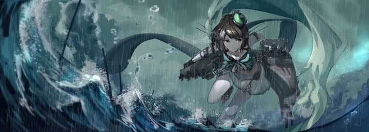 1girl,breasts,cleavage,solo,turret,hair_ornament,hat,gloves,school_uniform,brown_hair,horizontal,water,serafuku,waves,ocean,pleated_skirt,short_hair,skirt,headgear,rigging,blue_eyes,large_breasts,rain,black_gloves