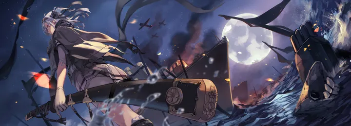 1girl,warship,sword,solo,clothes_writing,one_side_up,night,night_sky,turret,sky,jacket,hachimaki,outdoors,gloves,holding_sword,holding_weapon,headband,cape,holding,katana,star_sky,starry_sky,moon,machinery,school_uniform,horizontal,weapon,water,sailor_collar,waves,ocean,ship,full_moon,fire,grey_hair,grey_cape,white_headband,white_gloves,white_skirt,white_bodysuit,pleated_skirt,short_sleeves,skirt,torn_clothes,from_behind,rigging,watercraft,bodysuit,miniskirt,long_hair,wind,airplane,aircraft,black_headband