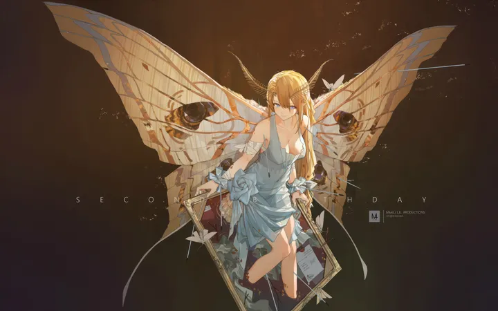 1girl,medium_breasts,breasts,cleavage,bangs,solo,holding,horizontal,looking_at_viewer,wings,blue_eyes,blue_dress,butterfly_wings,horns,dress,blonde_hair,long_hair,bare_shoulders