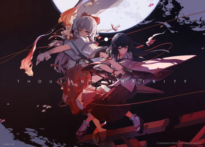 2girls,ribbon,artist_name,full_body,bangs,multiple_girls,night,wide_sleeves,very_long_hair,gloves,holding,japanese_clothes,tabi,moon,horizontal,weapon,full_moon,fire,white_hair,white_shirt,looking_at_viewer,skirt,torn_clothes,smile,wrist_cuffs,red_eyes,red_pants,suspenders,bow,hair_bow,shirt,socks,pants,long_hair,long_sleeves,umbrella,torii,black_hair