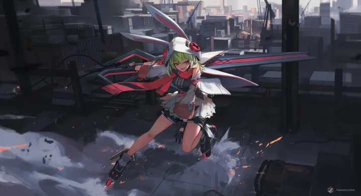 1girl,breasts,rabbit_ears,hood,animal_hood,sword,solo,scarf,open_mouth,holding_weapon,holding,horizontal,weapon,looking_at_viewer,short_hair,shorts,smile,short_shorts,red_scarf,red_eyes,green_hair,wings,navel,boots,midriff