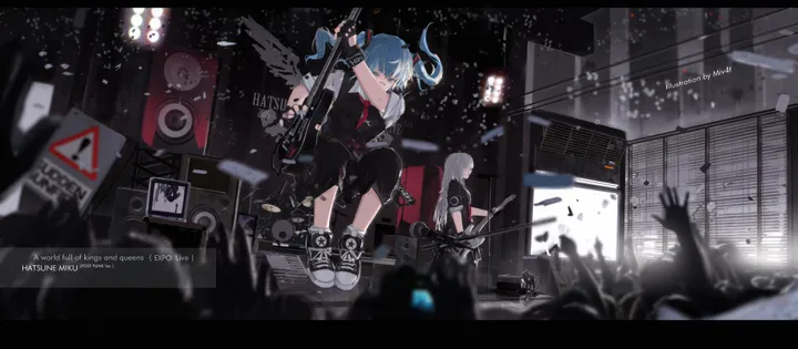 2girls,arm_up,instrument,bangs,blurry_foreground,solo_focus,closed_eyes,twintails,guitar,closed_mouth,sitting,multiple_girls,jacket,gloves,holding_instrument,holding,fingerless_gloves,depth_of_field,drum_set,blurry,horizontal,playing_instrument,grey_hair,electric_guitar,short_sleeves,torn_clothes,wings,english_text,blue_hair,blue_eyes,shirt,pants,sneakers,long_hair,shoes,music,amplifier,speaker,necktie,microphone,black_gloves,black_shirt,black_pants,drum