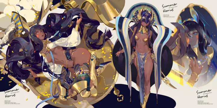 1girl,medium_breasts,breasts,animal_ears,multiple_views,very_long_hair,pelvic_curtain,horizontal,dark_skin,jewelry,armor,looking_at_viewer,revealing_clothes,purple_hair,earrings,navel,jackal_ears,long_hair,dark-skinned_female,black_hair