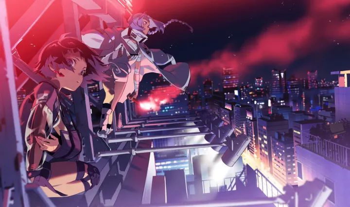 2girls,braid,twin_braids,sitting,city,cityscape,multiple_girls,night,night_sky,sky,hair_ornament,jacket,building,star_sky,brown_hair,horizontal,short_hair,shorts,bandages,long_hair