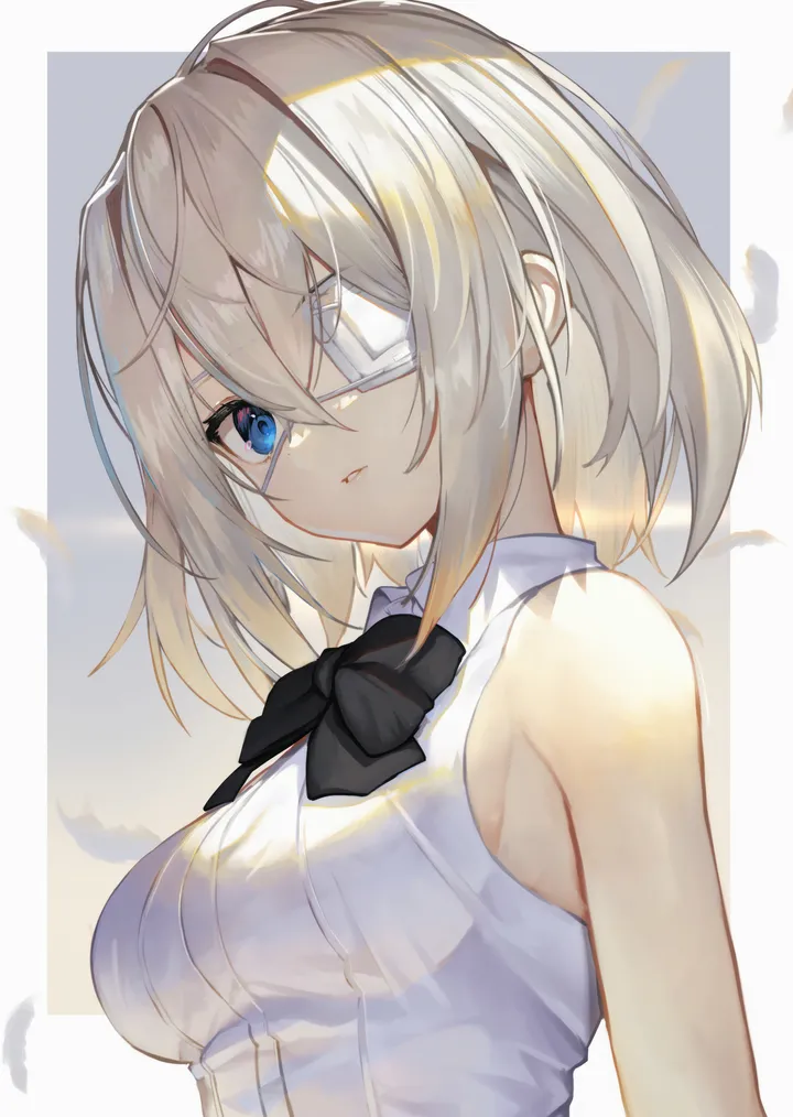 1girl,medium_breasts,breasts,upper_body,bangs,medical_eyepatch,solo,hair_between_eyes,parted_lips,sleeveless,sleeveless_shirt,collared_shirt,simple_background,white_background,white_shirt,looking_at_viewer,eyepatch,short_hair,vertical,blue_eyes,bow,shirt,bare_shoulders,bowtie,black_bow,black_bowtie