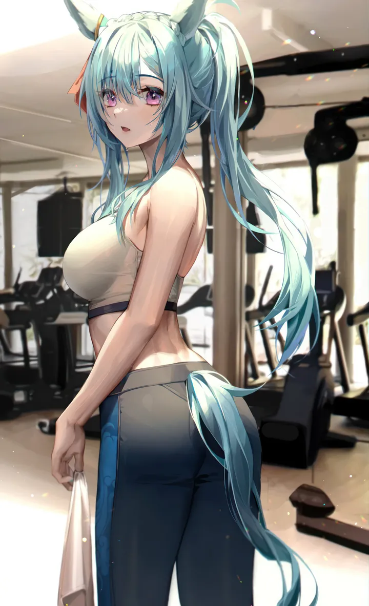 1girl,medium_breasts,breasts,gym,animal_ears,bangs,solo,looking_back,indoors,tail,ass,open_mouth,parted_lips,holding,looking_at_viewer,vertical,standing,yoga_pants,purple_eyes,blue_hair,pants,large_breasts,sports_bra,long_hair,bare_shoulders,horse_girl,horse_tail,ponytail,horse_ears